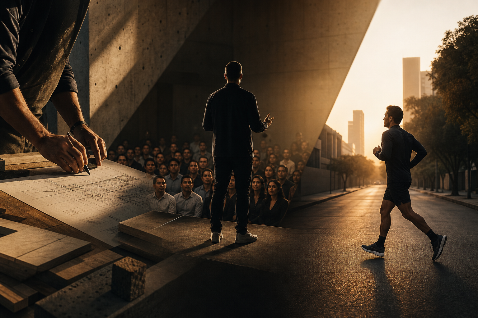 A builder reviewing plans, a speaker addressing a community, and a runner moving through a city at sunrise